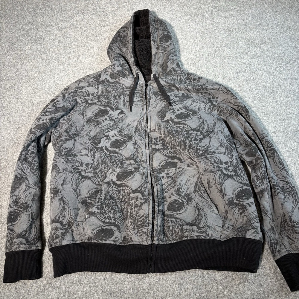 Vintage Faded Glory Skull Hoodie Mens Medium Gray Black Y2K Sherpa Lined Grunge